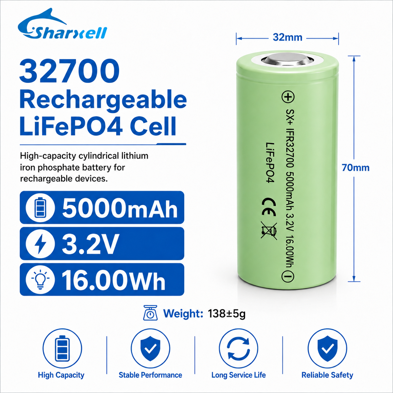 Sharxell 32700 5000mAh 3.2V LiFePO4 cell product detail