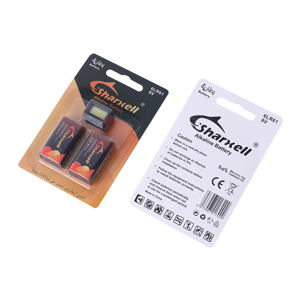 Sharxell 6LR61 9V Alkaline Battery Kit — 2 Batteries + LED Light sales packaging